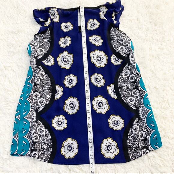 EXPRESS Blue Floral Lace Yoke Tank Ruffle Blouse size Small - Picture 7 of 9